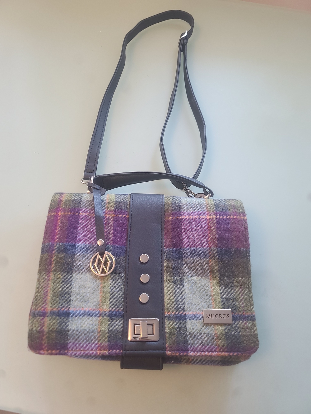 Mucros Purple Plaid Shoulder Bag with Leather Trim